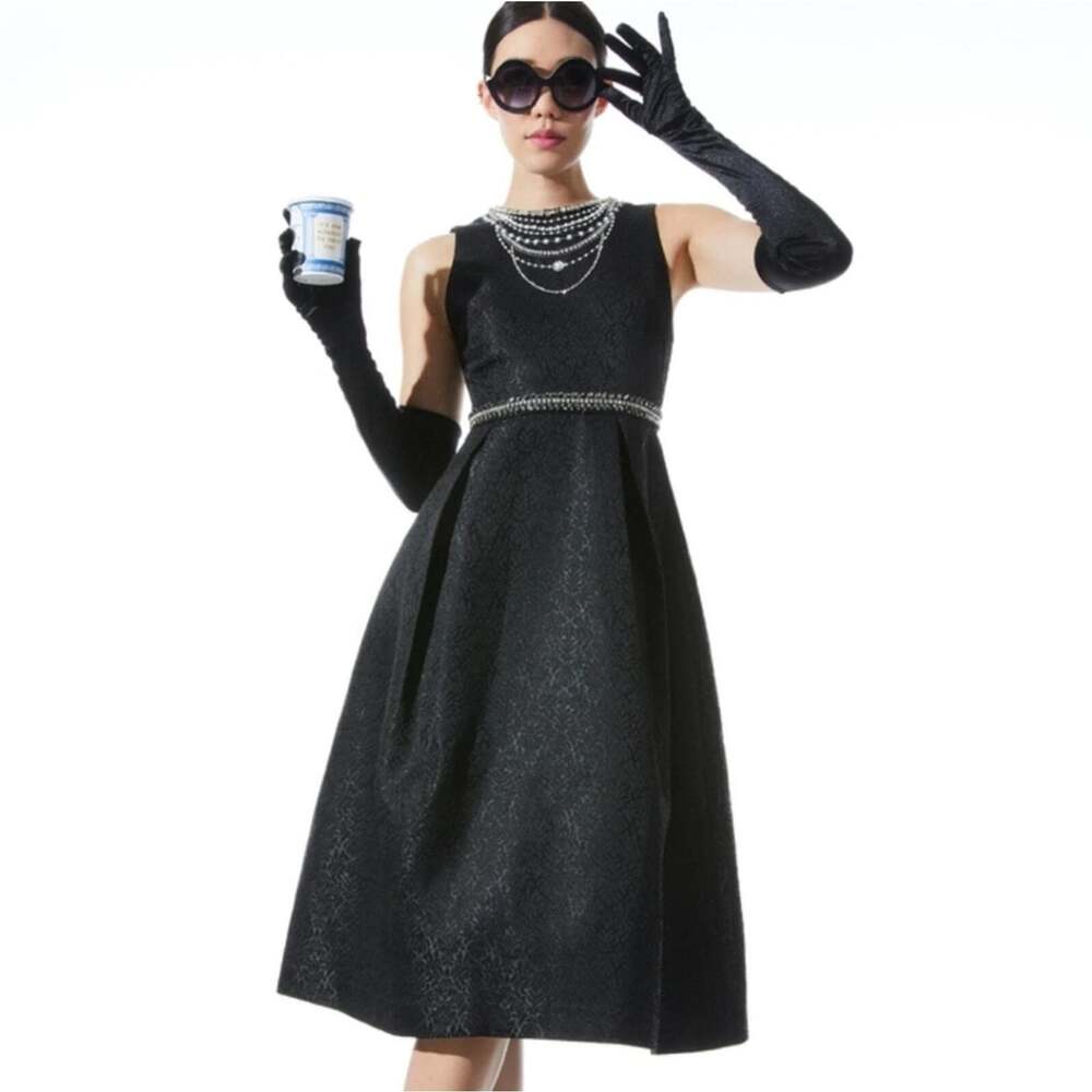 Alice and Olivia Cherra Pearl Neck Midi Black Dress Large